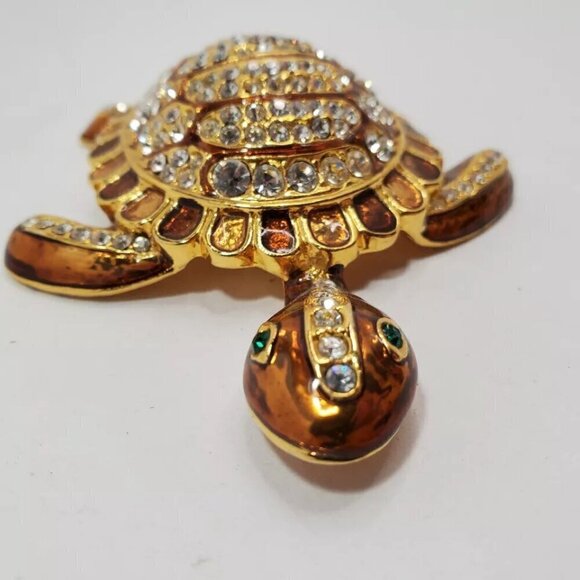 Vintage Large Sea Turtle Pin Gold tone Enamel Rhinestones Brooch - Picture 4 of 12